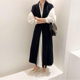 Tie-waist Maxi A-line Shirtdress / Midi Knit Vest
