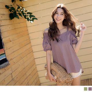 Cold-shoulder Short-sleeve Plaid Top