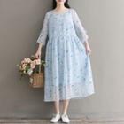 Set: Floral Print 3/4-sleeve Midi Chiffon Dress + Strappy Dress