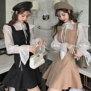 Bow Detail Flared-sleeve Blouse / Plaid Mini Pinafore Dress