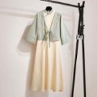 Set: Sleeveless Traditional Chinese Dress + 3/4-sleeve Light Jacket