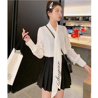 Bow Accent Chiffon Blouse / High Waist Pleated Skirt