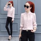 Long-sleeved Stand Collar Plain Lace Top
