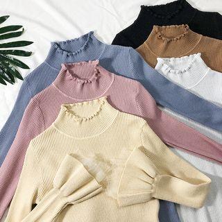 Mesh-cuff Mock-neck Knit Top