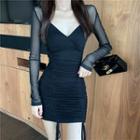 Long-sleeve Cropped Mesh Top / Spaghetti-strap Mini Sheath Dress