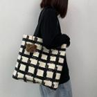 Plaid Canvas Tote Bag With Bear Bag Charm - Beige & Black - One Size