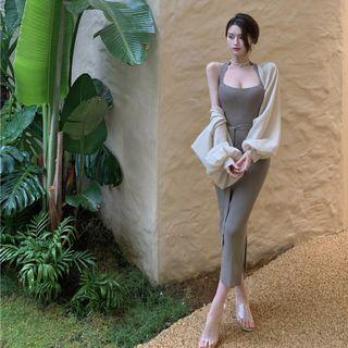Halter-neck Tie-waist Knit Midi Sheath Dress / Cropped Light Jacket