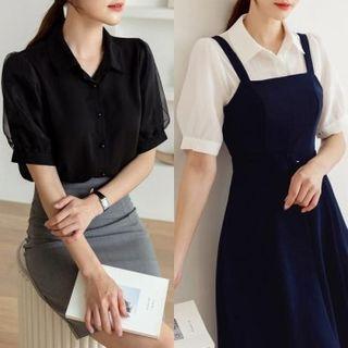 Mesh Overlay Sleeve Blouse