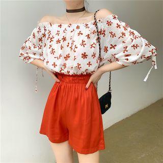Floral Print Off-shoulder Blouse / High-waist Wide-leg Shorts