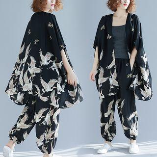 Set: Crane Print Long Light Jacket + Harem Pants As Shown In Figure - One Size