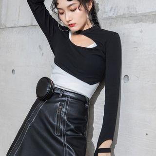Set: Plain Long-sleeve Slim-fit Top + Tank Top