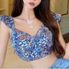 Sleeveless Floral Print Crop Top Floral Print - Blue - One Size