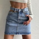High-waist Cutout Denim Mini Straight-fit Skirt