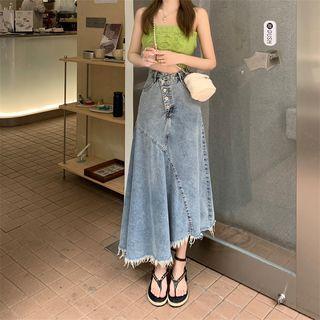 Asymmetrical Distressed Midi A-line Denim Skirt