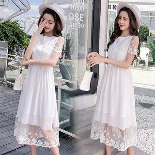 Short-sleeve Lace Panel A-line Chiffon Dress