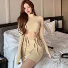 Mock-neck Long-sleeve Lace-up Top / Skirt