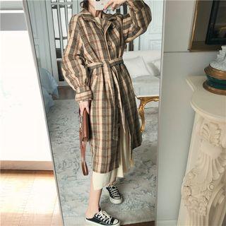 Long-sleeve Plaid Midi Coat Dress Brown - One Size