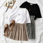 Set: Short-sleeve Heart Print T-shirt + Plaid Mini Skirt
