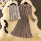 Set: Knit Vest + Patterned Long-sleeve Midi A-line Dress