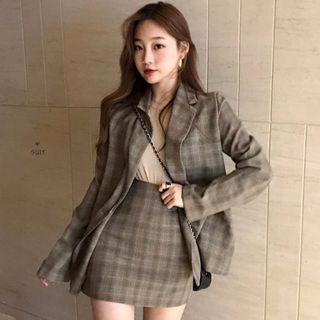 Plaid Button Blazer / Mini Plaid A-line Skirt / Long-sleeve Plain Top
