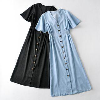 Bell-sleeve Button-up Denim Midi A-line Dress