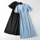 Bell-sleeve Button-up Denim Midi A-line Dress