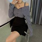Mock Two-piece Striped Cold-shoulder Mini Sheath Dress