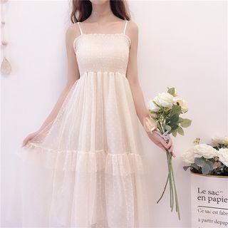 Spaghetti-strap Mesh Dress / Embroidered Light Jacket