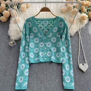 Long-sleeve V-neck Color Panel Pointelle-knit Cardigan Jacket