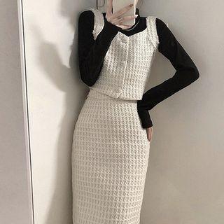 Long-sleeve Mock-neck Top / Tweed Button-up Vest / Midi Skirt / Set