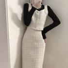 Long-sleeve Mock-neck Top / Tweed Button-up Vest / Midi Skirt / Set