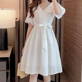 Collared Tie-waist Puff-sleeve A-line Dress