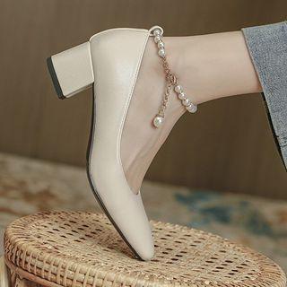 Block Heel Faux Pearl Strap Pumps
