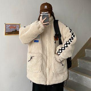 Checkerboard Panel Fleece Zip-up Jacket