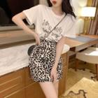 Short-sleeve Letter Print T-shirt / Leopard Print Mini Skirt