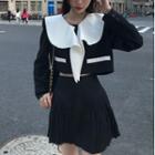 Set: Contrast Collar Cropped Blouse + Pleated Mini A-line Skirt