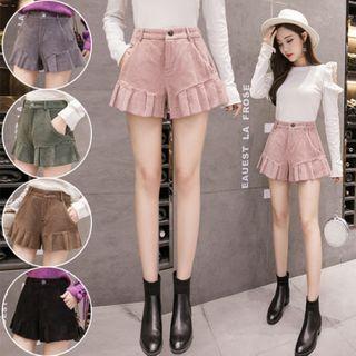 High-waist Ruffle Hem Corduroy Shorts