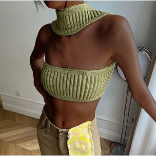 Halter-neck Plain Knit Cropped Tube Top