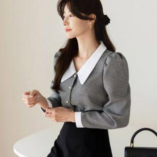 Contrast-trim Puff-shoulder Plaid Blouse