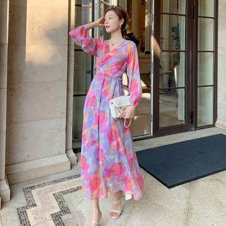 Puff-sleeve Tie-dyed Knotted Midi A-line Dress