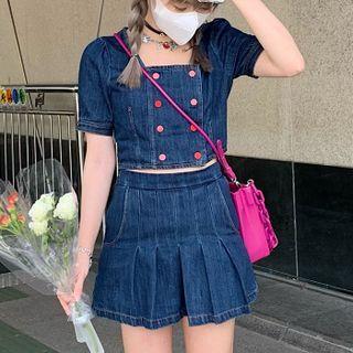 Puff-sleeve Denim Crop Top / Pleated Mini A-line Skirt