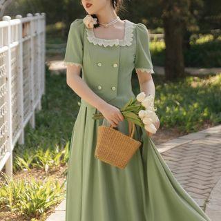 Set: Short-sleeve Lace Trim Double-breasted Blouse + Midi A-line Skirt