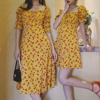 Short-sleeve Floral A-line Mini / Midi Dress