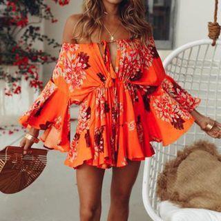 Long-sleeve Off Shoulder Floral Mini A-line Dress