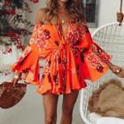 Long-sleeve Off Shoulder Floral Mini A-line Dress
