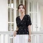 Short-sleeve Floral Embroidered Blouse / Midi Skirt