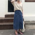 Plain A-line Denim Midi Skirt