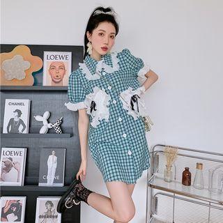 Short-sleeve Check Frill Trim Mini Shirt Dress