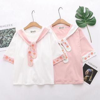 Tie-neck Short-sleeve Floral Print T-shirt