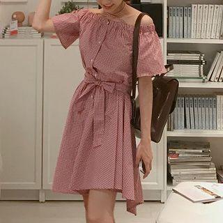 Elbow-sleeve Off Shoulder Checker A-line Dress Red - One Size
